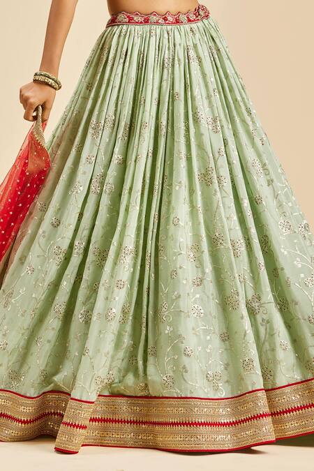 Nitika Gujral Green Lehenga Chinnon Embroidery Zari Leaf Neck Set Online at Aza Fashions Nitika Gujral_Green Lehenga Chinnon Embroidery Zari Leaf Neck Set _Online_at_Aza_Fashions
