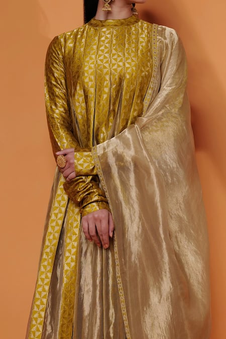 Taisha_Green Silk, Tissue Embroidery Mandarin Handwoven Panelled Anarkali With Dupatta _Online_at_Aza_Fashions