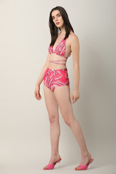 Limerick By Abirr N' Nanki_Multi Color Polyester, Spandex Plunge Neck Carin Halter Bikini Set _at_Aza_Fashions