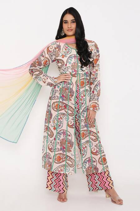 Bha Sha Ivory Georgette, Modal, Net, Crepe Embroidery Sky Paisley Print Anarkali Set Online at Aza Fashions Bha Sha_Ivory Georgette, Modal, Net, Crepe Embroidery Sky Paisley Print Anarkali Set _Online_at_Aza_Fashions