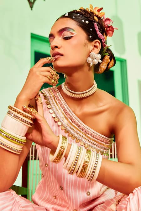 Buy Mona And Vishu Pink Modal Satin Cut Dana, Stripe Print, Zardozi And Kurta Tiered Sharara Set Online at Aza Fashions Buy_Mona And Vishu_Pink Modal Satin Cut Dana, Stripe Print, Zardozi And Kurta Tiered Sharara Set _Online_at_Aza_Fashions