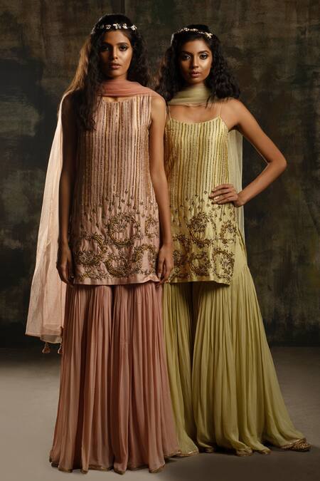 Mona And Vishu Pink Silk, Georgette, Tulle Zari, Embroidery, Beads Zardozi Kurta Sharara Set at Aza Fashions Mona And Vishu_Pink Silk, Georgette, Tulle Zari, Embroidery, Beads Zardozi Kurta Sharara Set _at_Aza_Fashions