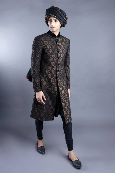 Abhishek Gupta_Black Cotton Silk Pintuck Sherwani And Kurta Set  _Online_at_Aza_Fashions