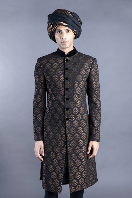 Buy_Abhishek Gupta_Black Cotton Silk Pintuck Sherwani And Kurta Set  _Online_at_Aza_Fashions
