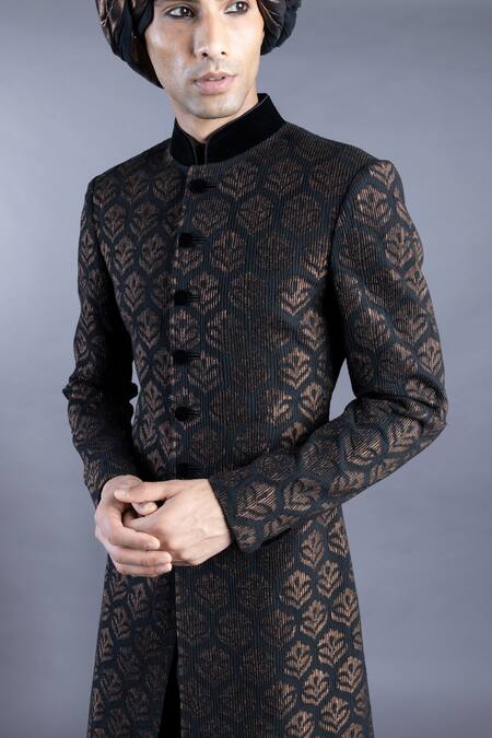 Shop_Abhishek Gupta_Black Cotton Silk Pintuck Sherwani And Kurta Set  _Online_at_Aza_Fashions