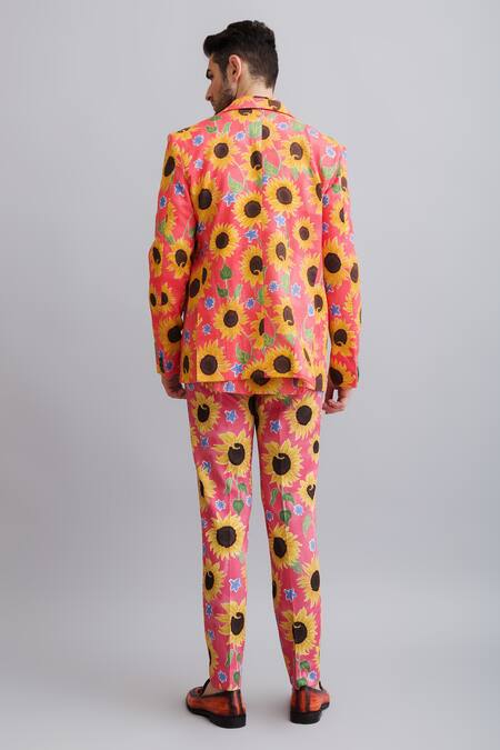 Shop_Nautanky_Peach Shirt 100% Fine Cotton Sunflower Print Blazer And Pant Set _at_Aza_Fashions