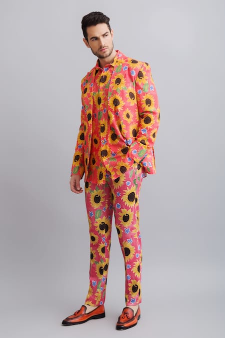 Buy_Nautanky_Peach Shirt 100% Fine Cotton Sunflower Print Blazer And Pant Set _Online_at_Aza_Fashions