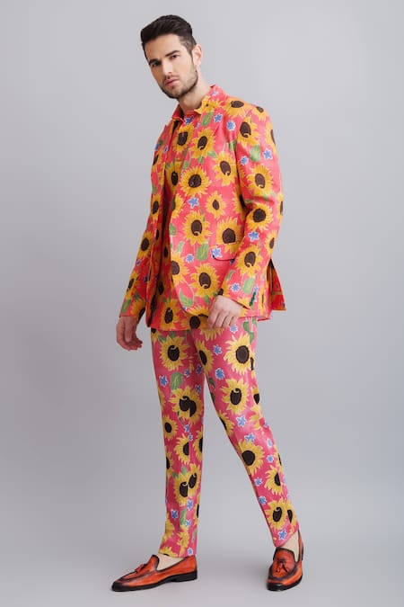 Shop_Nautanky_Peach Shirt 100% Fine Cotton Sunflower Print Blazer And Pant Set _Online_at_Aza_Fashions