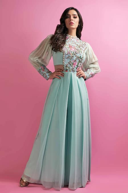 suruchi parakh Blue Satin Silk And Georgette Lining Shantoon Embellishment Floral Jumpsuit