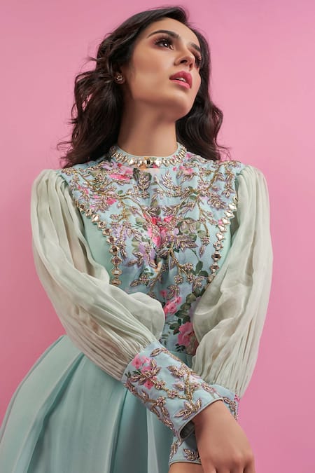 Suruchi Parakh_Blue Satin Silk And Georgette Lining Shantoon Floral Print, Mirror Work Jumpsuit _Online_at_Aza_Fashions