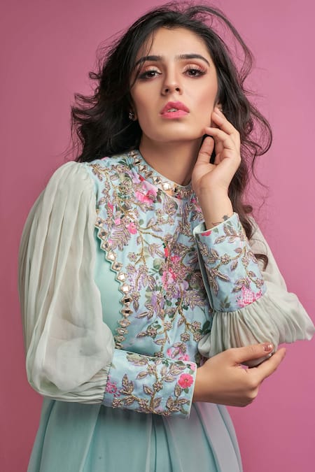 Buy_Suruchi Parakh_Blue Satin Silk And Georgette Lining Shantoon Floral Print, Mirror Work Jumpsuit _Online_at_Aza_Fashions