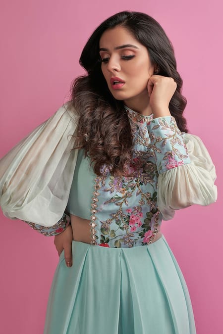 Shop_Suruchi Parakh_Blue Satin Silk And Georgette Lining Shantoon Floral Print, Mirror Work Jumpsuit _Online_at_Aza_Fashions