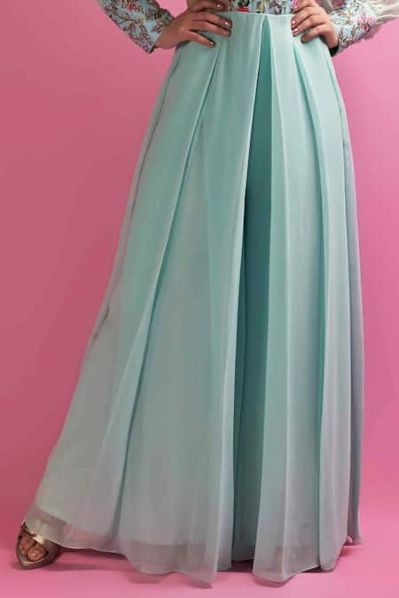 Suruchi Parakh_Blue Satin Silk And Georgette Lining Shantoon Floral Print, Mirror Work Jumpsuit _at_Aza_Fashions