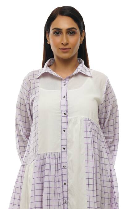 Shop_Khat_White , Handloom Collared, Checkered Pattern Handwoven Shirt Dress _Online_at_Aza_Fashions