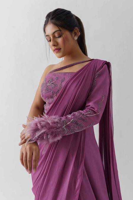 Suruchi Parakh_Purple Tussar Silk, Georgette Crepe, Pre-draped Saree With Embroidered Blouse_Online_at_Aza_Fashions