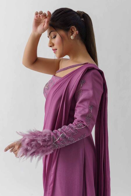 Buy_Suruchi Parakh_Purple Tussar Silk, Georgette Crepe, Pre-draped Saree With Embroidered Blouse_Online_at_Aza_Fashions