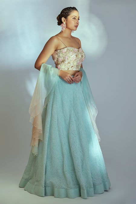 Suruchi Parakh_Green Floral Sequin, Thread And Bead Work Sweetheart Rose Embroidered Lehenga Set _Online_at_Aza_Fashions