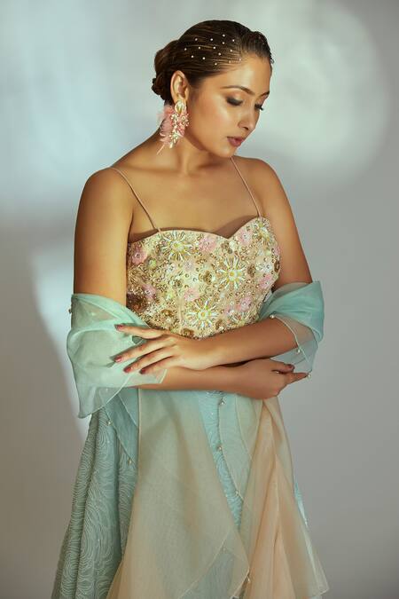 Buy_Suruchi Parakh_Green Floral Sequin, Thread And Bead Work Sweetheart Rose Embroidered Lehenga Set _Online_at_Aza_Fashions