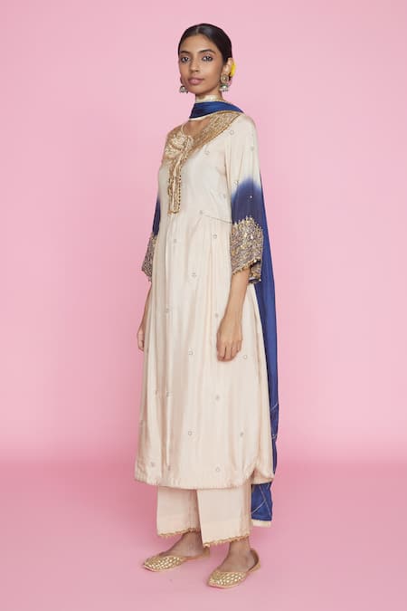 Label Niti Bothra_Ivory Silk Pitta, Marodi Keyhole And Work Kurta Palazzo Set _Online_at_Aza_Fashions