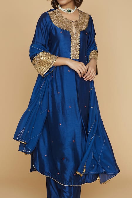 Label Niti Bothra_Blue Silk Pitta, Marodi Keyhole Neck And Sleeves Kurta Set _Online_at_Aza_Fashions