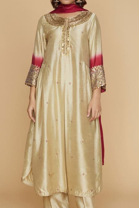 Label Niti Bothra_Ivory Silk Pitta, Marodi Keyhole And Work Kurta Palazzo Set _Online_at_Aza_Fashions