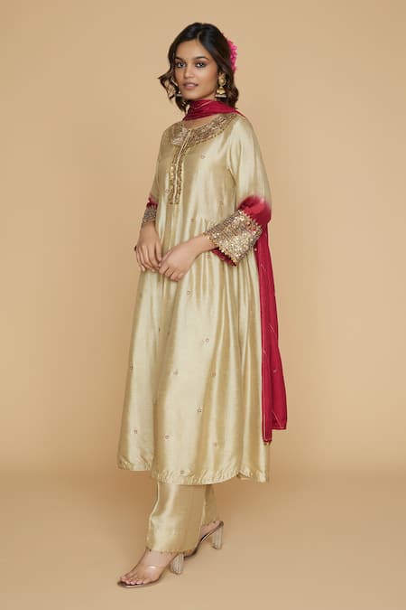Buy_Label Niti Bothra_Ivory Silk Pitta, Marodi Keyhole And Work Kurta Palazzo Set _Online_at_Aza_Fashions
