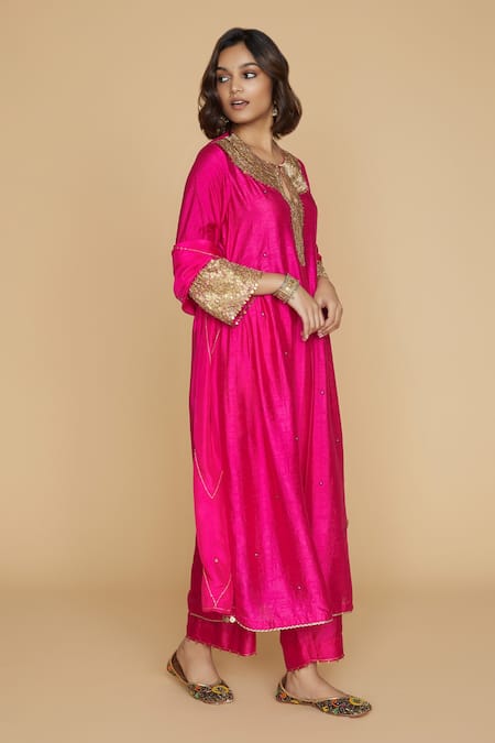 Shop_Label Niti Bothra_Pink Silk Pitta, Marodi Keyhole Neck And Sleeves Kurta Set _Online_at_Aza_Fashions