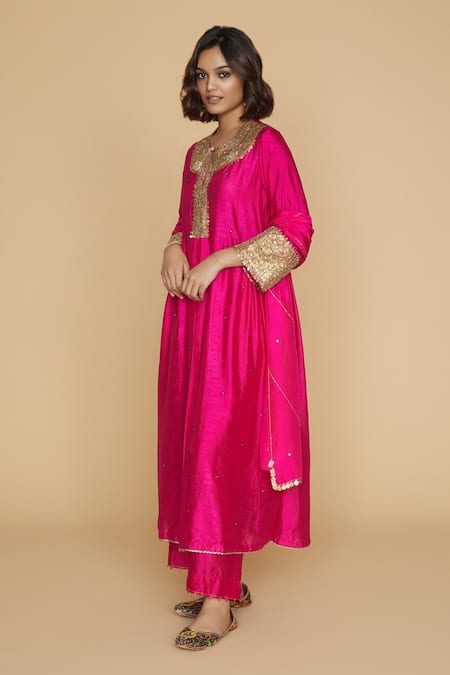 Buy_Label Niti Bothra_Pink Silk Pitta, Marodi Keyhole Neck And Sleeves Kurta Set _Online_at_Aza_Fashions
