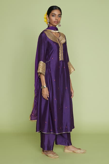 Shop_Label Niti Bothra_Purple Silk Pitta, Marodi Keyhole Embroidered Kurta And Palazzo Set _Online_at_Aza_Fashions