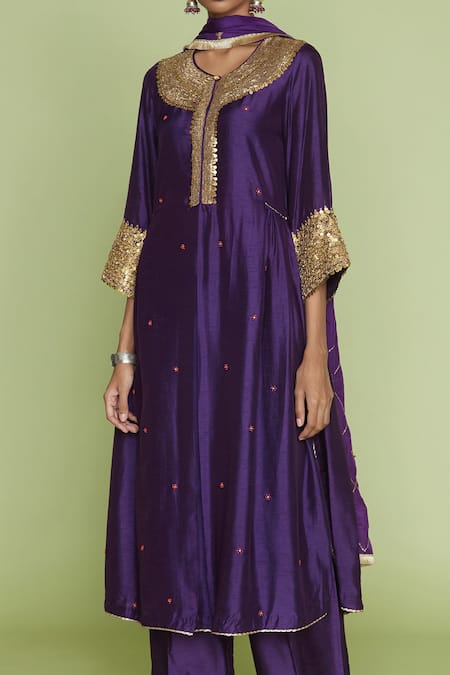 Label Niti Bothra_Purple Silk Pitta, Marodi Keyhole Embroidered Kurta And Palazzo Set _Online_at_Aza_Fashions