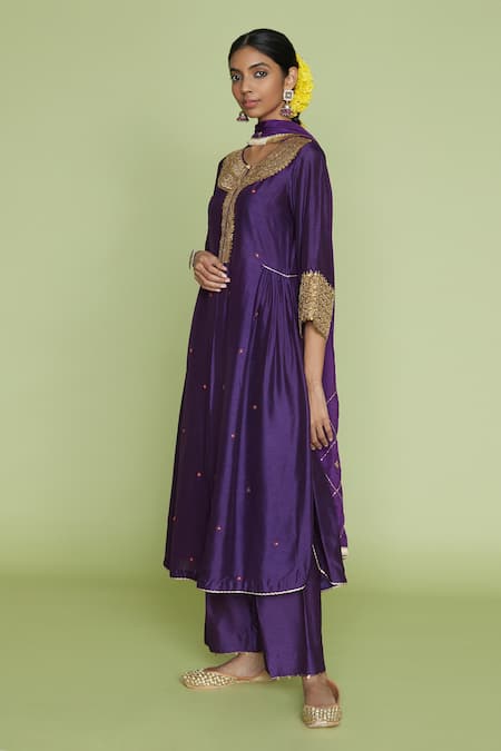 Buy_Label Niti Bothra_Purple Silk Pitta, Marodi Keyhole Embroidered Kurta And Palazzo Set _Online_at_Aza_Fashions