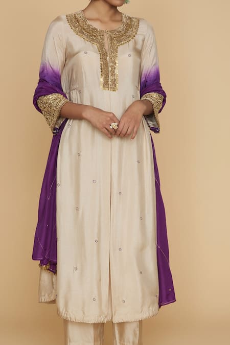Label Niti Bothra_Ivory Silk Pitta, Marodi Keyhole Ombre Kurta And Palazzo Set _Online_at_Aza_Fashions