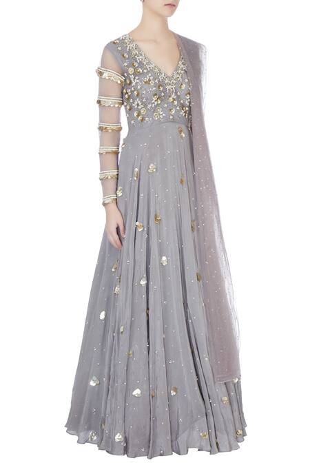 Bhumika Sharma_Grey Embroidered Anarkali With Dupatta_Online_at_Aza_Fashions