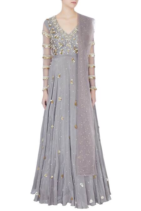 Shop_Bhumika Sharma_Grey Embroidered Anarkali With Dupatta_Online_at_Aza_Fashions