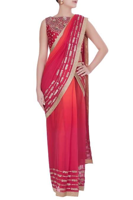 Rajat & Shraddha Red Chiffon Embroidered Ombre Sequin And Pre-draped Saree With Blouse 