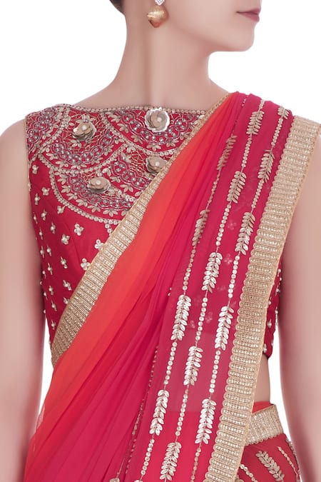 Rajat & Shraddha_Red Chiffon Embroidered Ombre Sequin And Pre-draped Saree With Blouse  _Online_at_Aza_Fashions