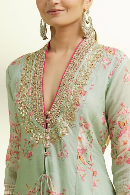 Gopi Vaid_Blue Silk, Lurex V Neck Embroidered Kurta And Sharara Set _at_Aza_Fashions