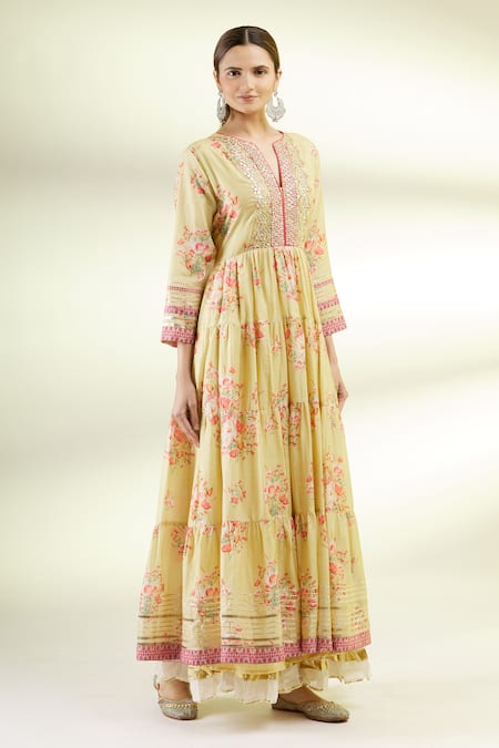 Gopi Vaid Yellow Cotton Silk V Neck Embroidered Anarkali And Sharara Set 