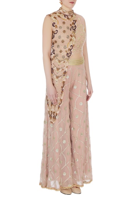Ayesha Aejaz_Pink Round Cutout Flared Jumpsuit With Jacket  _Online_at_Aza_Fashions