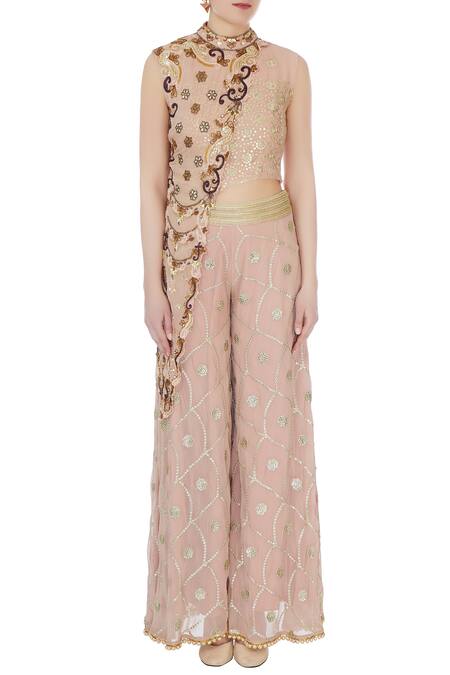 Shop_Ayesha Aejaz_Pink Round Cutout Flared Jumpsuit With Jacket  _Online_at_Aza_Fashions