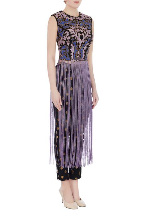 Ayesha Aejaz_Black Round Fringe Top And Pant Set  _Online_at_Aza_Fashions