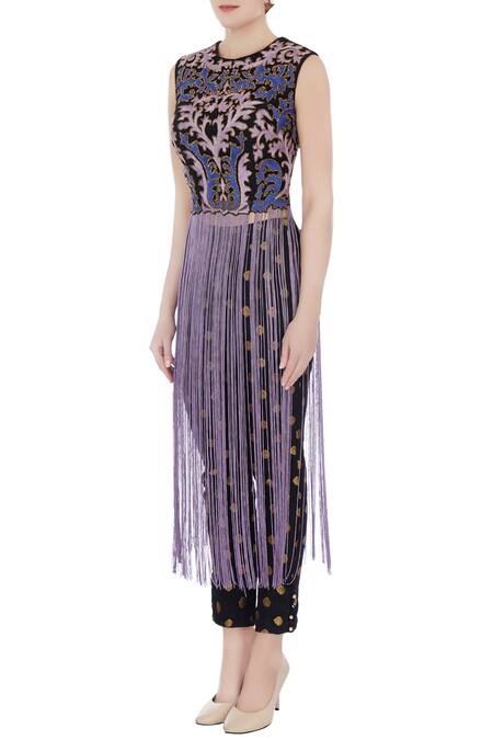 Buy_Ayesha Aejaz_Black Round Fringe Top And Pant Set  _Online_at_Aza_Fashions