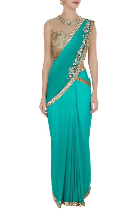 Rajat & Shraddha_Blue Chiffon Embroidered Sequin And Pearl Pre-draped Saree With Blouse  _Online_at_Aza_Fashions
