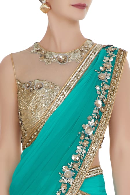Buy_Rajat & Shraddha_Blue Chiffon Embroidered Sequin And Pearl Pre-draped Saree With Blouse  _Online_at_Aza_Fashions
