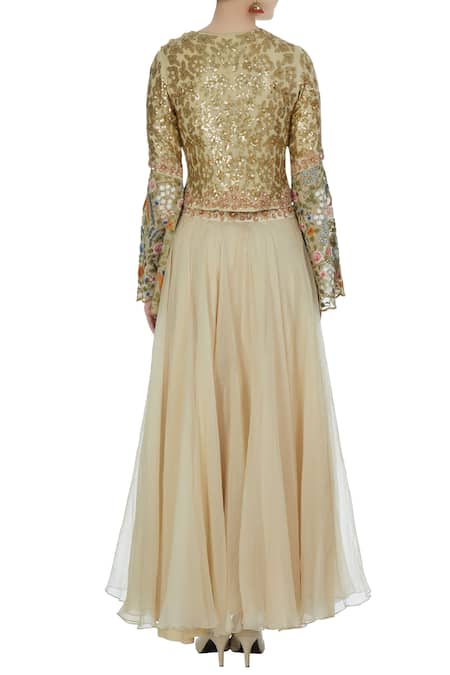 Debyani + CO Sequin embroidered floral crop top with flared lehenga 