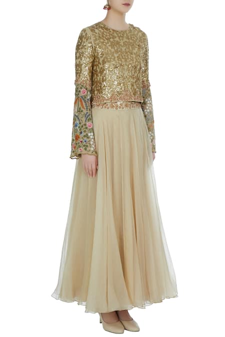 Debyani + CO_Gold Raw Silk, Organza, Sequin Embroidered Crop Top With Flared Lehenga _Online_at_Aza_Fashions