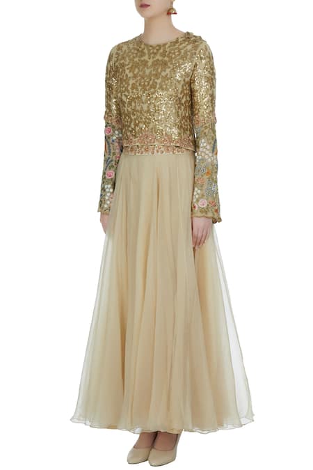 Buy_Debyani + CO_Gold Raw Silk, Organza, Sequin Embroidered Crop Top With Flared Lehenga _Online_at_Aza_Fashions