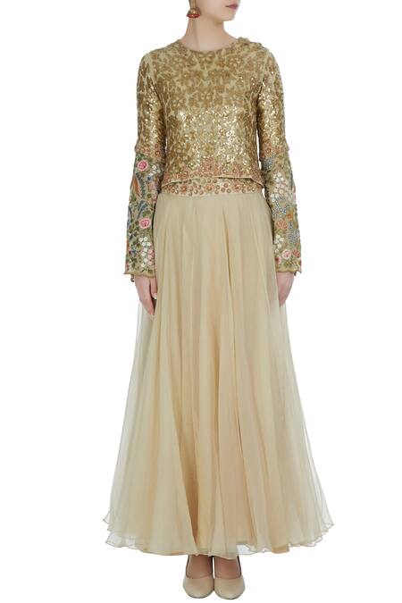 Shop_Debyani + CO_Gold Raw Silk, Organza, Sequin Embroidered Crop Top With Flared Lehenga _Online_at_Aza_Fashions