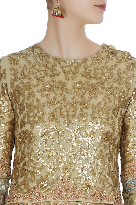 Debyani + CO_Gold Raw Silk, Organza, Sequin Embroidered Crop Top With Flared Lehenga _at_Aza_Fashions