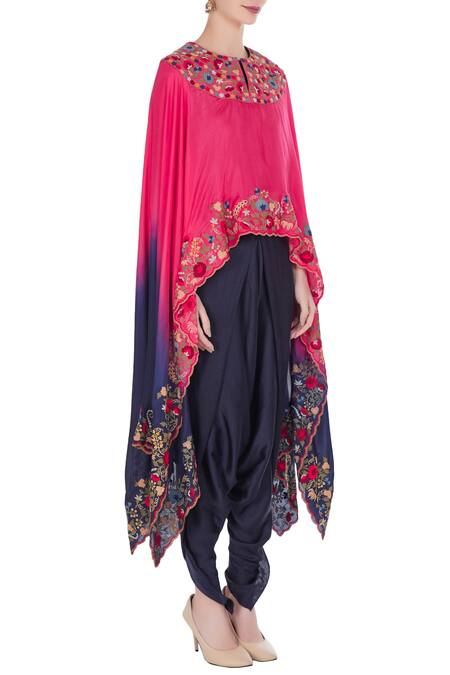 Debyani + CO Blue Chanderi, Modal Satin, Habutai Silk Floral Round Cape With Draped Pants Online at Aza Fashions Debyani + CO_Blue Chanderi, Modal Satin, Habutai Silk Floral Round Cape With Draped Pants _Online_at_Aza_Fashions